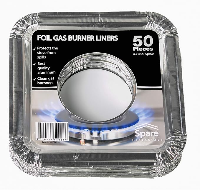 Disposable Gas Burner Liners 50 Pack, Aluminum Foil Square Stove Covers, Range Protectors, Stove Top Foil Covers for Gas Burners, Catch Food Spills, Aluminum Stove Burner Cover, Foil Liner 8.5x8.5 In
