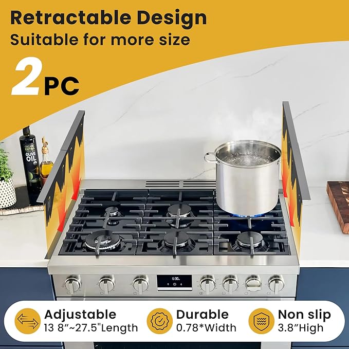 Stainless Steel Stove Gap Covers - 304 Stove Gap Filler, Easy retractable Length 13.8" to 27.5", Width 0.79", Heat Resistant Guard Between Stove Top & Counter, 2 Pck