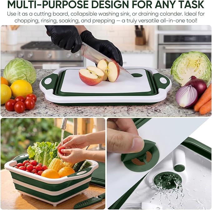 Collapsible BBQ Prep Tub with Lid, Foldable Camping Sink with Colander, Cutting Board, Dish Basin for Kitchen, Bowl, Vegetable and Fruit, Storage Basket for Picnic-Green