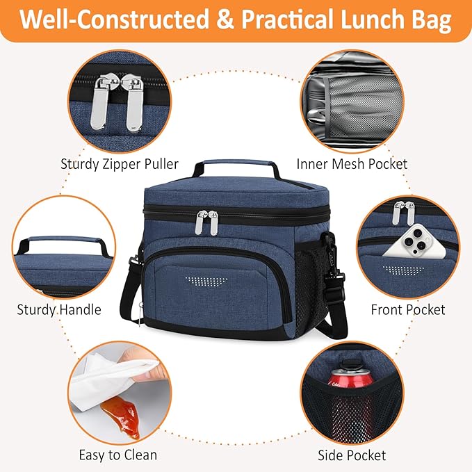 Vankor Large Insulated Lunch Bag for Men Women kids, Reusable Lunch Box kids Leakproof with Adjustable Shoulder Strap for Work Teacher School Picnic Beach Travel, Blue