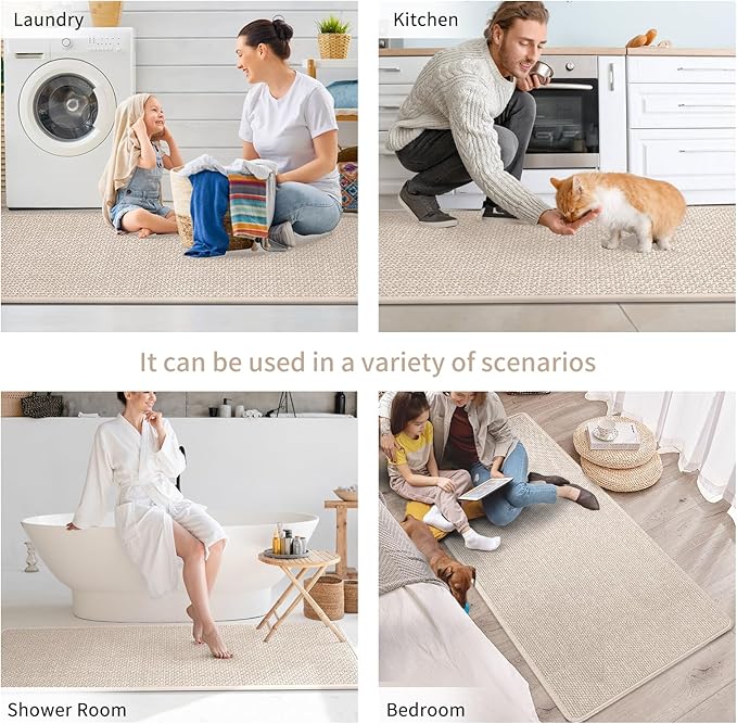 Kitchen Mats for Floor, Super Absorbent Kitchen Rugs Non Slip Washable, Soft Imitation Linen Braided Kitchen Runner Rug, Standing Mat Kitchens Sink Mat, Easy to Clean, Beige 17x95