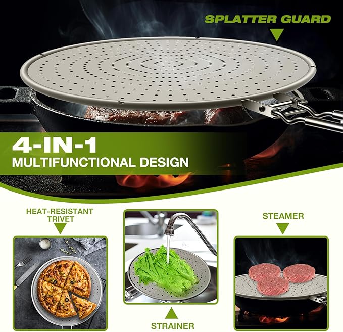 Silicone Splatter Screen for Frying Pan 13 Inch - Grease Splatter Guard with Foldable Handle, Dishwasher Safe & Never Rusts, Fits Most Pans for Stove Top & Bacon Cooking (2pcs)