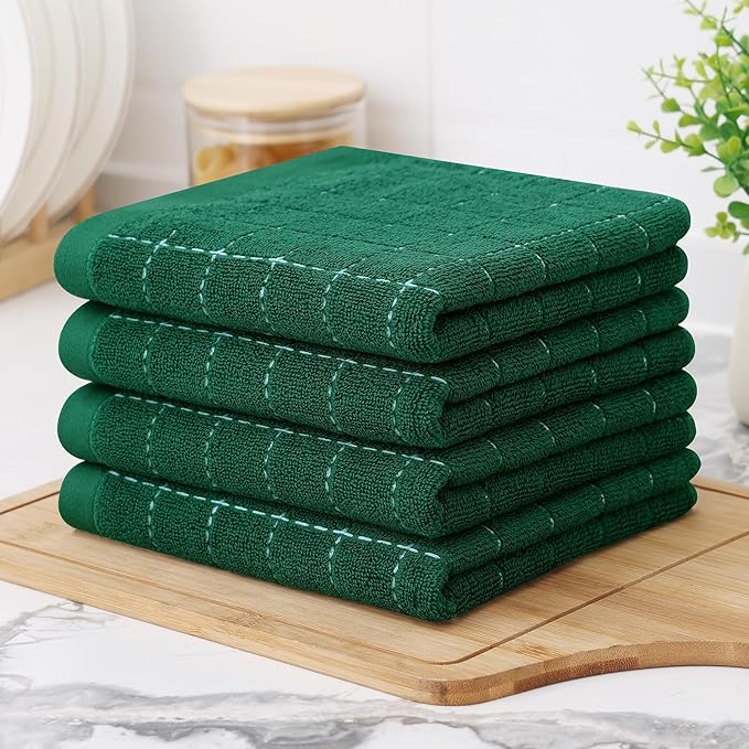 Homaxy 100% Cotton Terry Kitchen Towels(Dark Green, 13 x 28 inches), Checkered Designed, Soft and Super Absorbent Dish Towels, 2 Pack