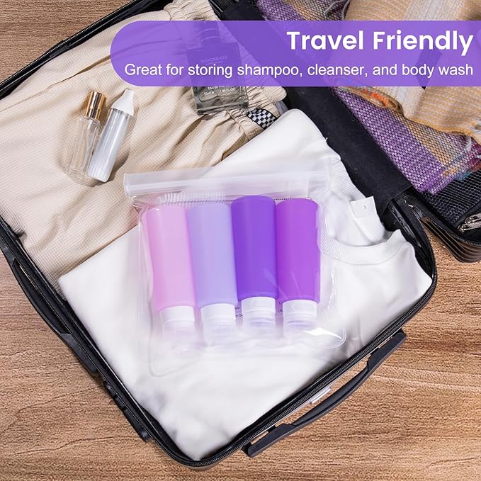 MICEBAY Condiment Squeeze Bottles for Sauces, 6-oz Small Silicone Salad Dressing Container to Go with Snack Storage Bag, Leakproof Sauce Bottles for Lunch Box, 4 Pack, Purple