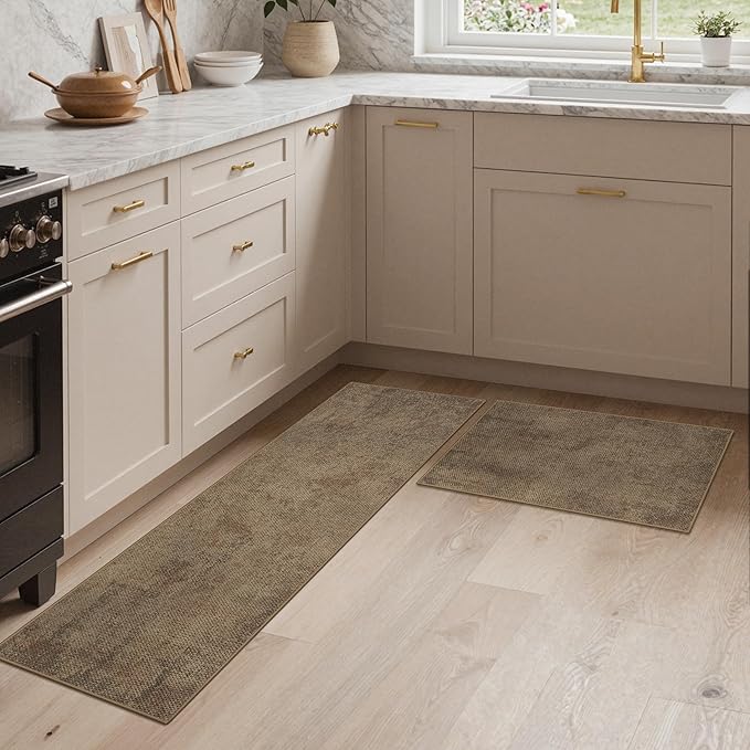 GENIMO Kitchen Mats for Floor 2PCS, Washable Absorbent Runner Rugs for Kitchen, 17.3"x59"+17.3"x30" Jute rug, Cushioned Non Slip Kitchen Rugs for Kitchen Floor,Standing Mat Rug for Home, Sink, Laundry