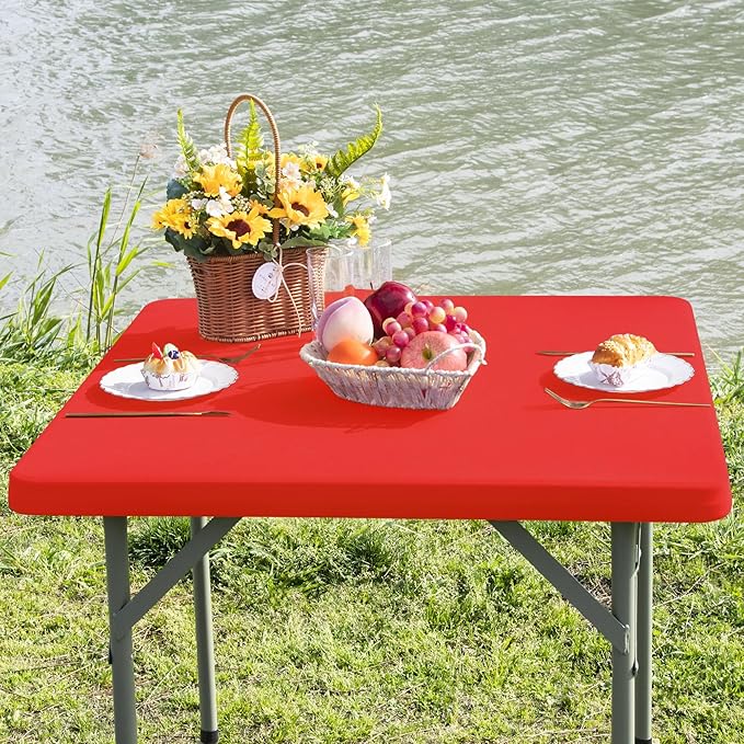 Square Fitted Table Cover Elastic Tablecloth Stretch Spandex Table Top Cover Table Topper Cap for Dining Kitchen Home Party Red 36X36 Inch