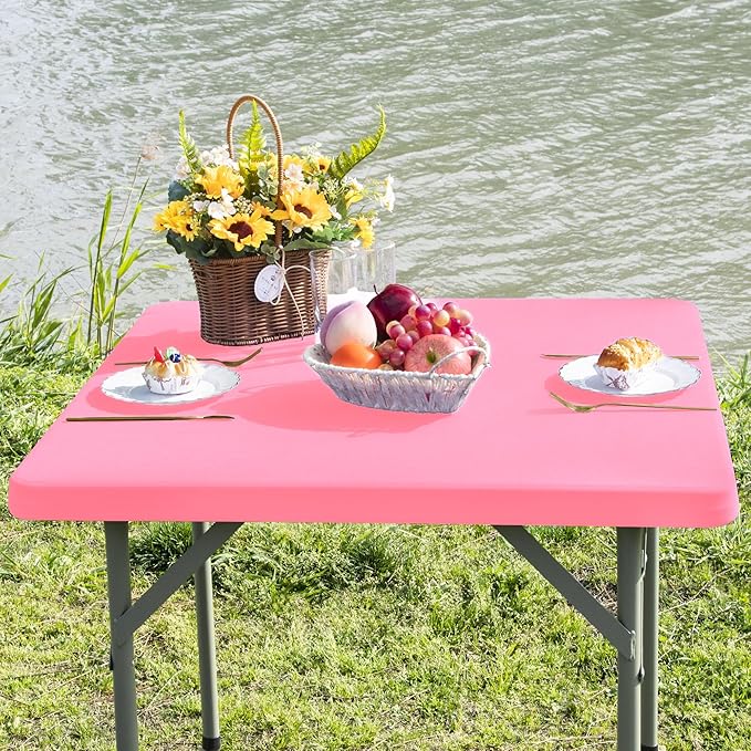Square Fitted Table Cover Elastic Tablecloth Stretch Spandex Table Topper Cap Cover for Dining Kitchen Home Party Pink 34X34 Inch