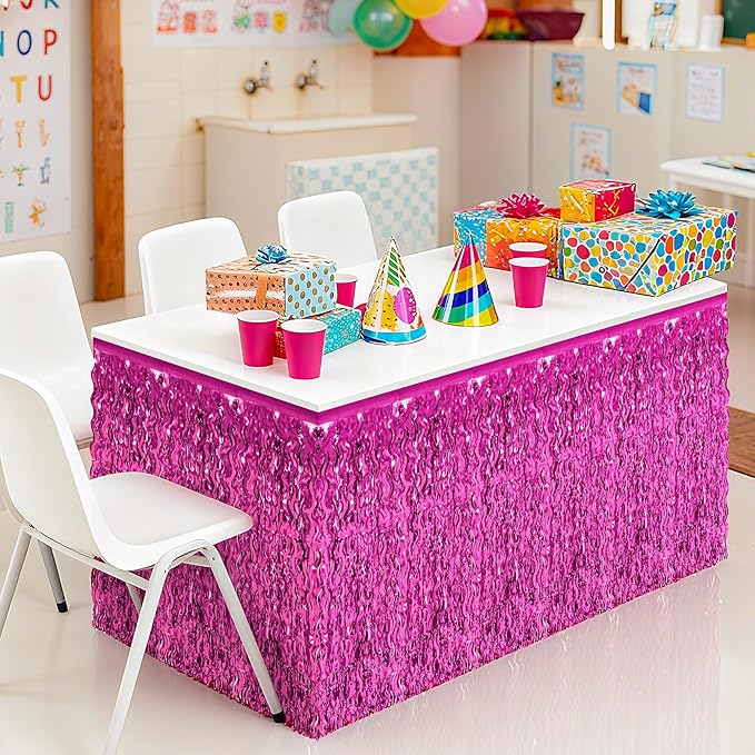 2 Pack Hot Pink Table Skirt Decor, Breast Cancer Awareness Decorations Foil Grass Skirt for Table, Metallic Wavy Tinsel Foil Fringe Table Skirts, Table Foil Skirts Wedding Birthday Valentines Party