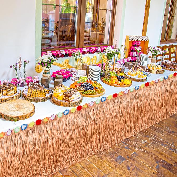 4PCS Hawaiian Table Skirt Decor, Yellow Luau Themed Grass Table Skirt Party Decorations, 108 X 29.5" Flower Tropical Hula Dance Parties Supplies, Table Skirt Bulk for Summer Beach Themed Activities