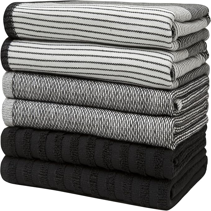 Premium Kitchen Towels (20”x 28”, 6 Pack) | Large Cotton Dish Towels | Flat & Terry Highly Absorbent Kitchen Linen Set with Hanging Loop | Black