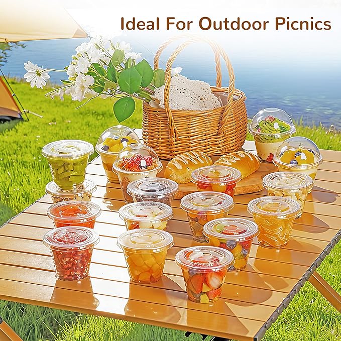 9oz Clear Plastic Cups with Flat Lids No Hole Disposable Togo Cups with Lids for Fruit Snack Yogurt Jelly Pudding Cold Drink in Party Picnic (100 Sets)