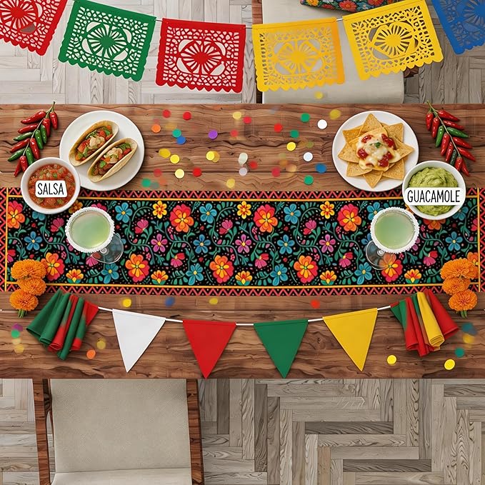 Mexican Fiesta Table Runner - Cinco De Mayo Decorations for Fiesta Party Decorations | Dia De Los Muertos Decorations Cinco De Mayo Rustic Linen Home Dining Room Kitchen Table Decor