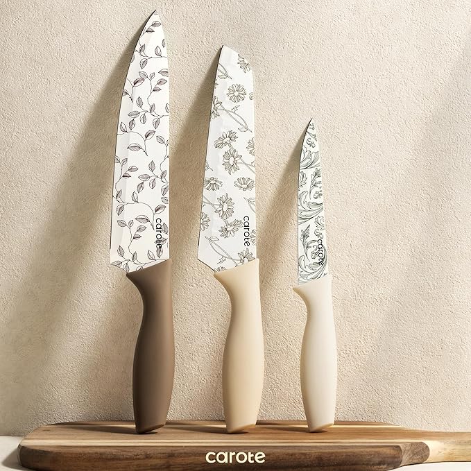 CAROTE 12PCS Knife Set, Kitchen Knife Set with 6 Blade Guards, Stainless Steel Knives Set With Nonstick Ceramic Coating, Rustproof, Delicate Floral Designs, White (Pack of 2)