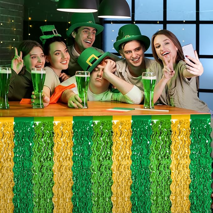 2 Pack St Patricks Day Table Skirts Decorations, Green Gold Saint PatricksTable Skirt, 29.5 x 108" Irish Decor, Metallic Wavy Tinsel Fringe Foil Grass Table Skirt for Party Event Parade Float Decor
