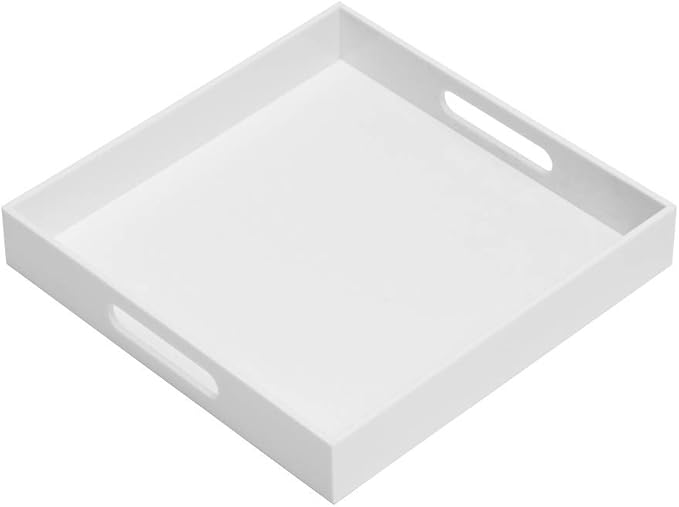 KEVLANG Glossy White Sturdy Acrylic Serving Tray with Handles-14x14Inch-Serving Coffee,Appetizer,Breakfast,Butler-Kitchen Countertop Tray-Makeup Drawer Organizer-Vanity Table-Ottoman Tray