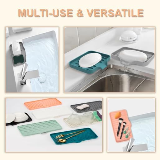 Silicone Soap Dish with Drainer | Quick-Dry Holder for Sponge, Dispenser, Scrubber, Bottle and Cup | for Kitchen, Shower and Bathroom (Dark Green, Large, 1 Pack)