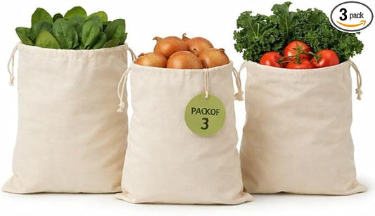 100% Cotton Reusable Vegetable Storage Bags Pack of 3 | Fridge & Kitchen Produce Bags with Drawstring | Eco-Friendly Fruit & Vegetable Storage Bags (1 Large, 1 Medium, 1 Small)