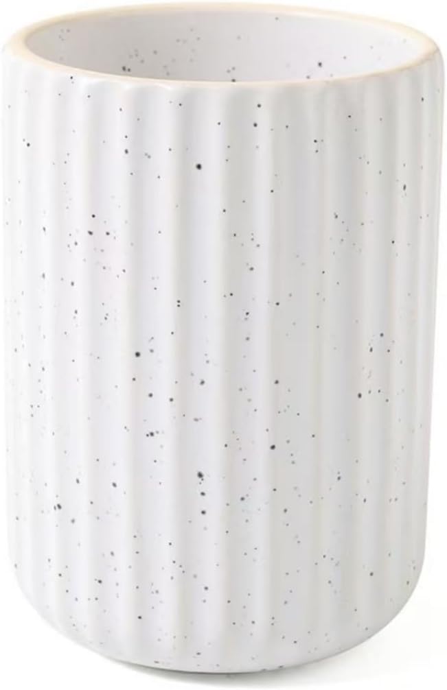 TOPYOKK Stoneware Coffee Bar Utensil Holder Tea & Coffee Spoon & Stirrer Holder for Stir Stick Straw Teaspoon Holder Spoon Cup Small Utensil Jar Fluted Vertical Stripe (Spotted White)
