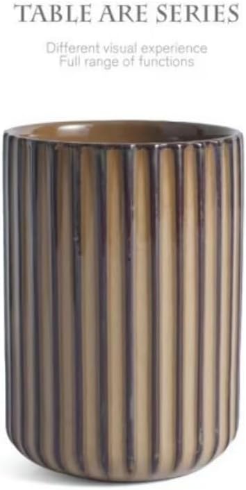 TOPYOKK Stoneware Coffee Bar Utensil Holder Tea & Coffee Spoon & Stirrer Holder for Stir Stick Straw Teaspoon Holder Spoon Cup Small Utensil Jar Fluted Vertical Stripe (Rustic Brown)
