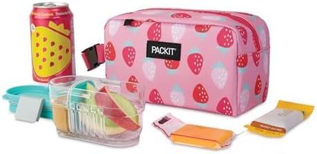 PackIt Freezable Small Insulated Snack Box, Sweet Strawberry, with EcoFreeze Technology (Built-in Ice Pack), Mini Cooler or Small Lunch Bag, For Fresh Snacks On the Go, for Work, Gym, or Travel