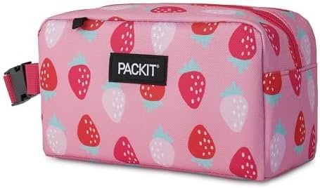 PackIt Freezable Small Insulated Snack Box, Sweet Strawberry, with EcoFreeze Technology (Built-in Ice Pack), Mini Cooler or Small Lunch Bag, For Fresh Snacks On the Go, for Work, Gym, or Travel