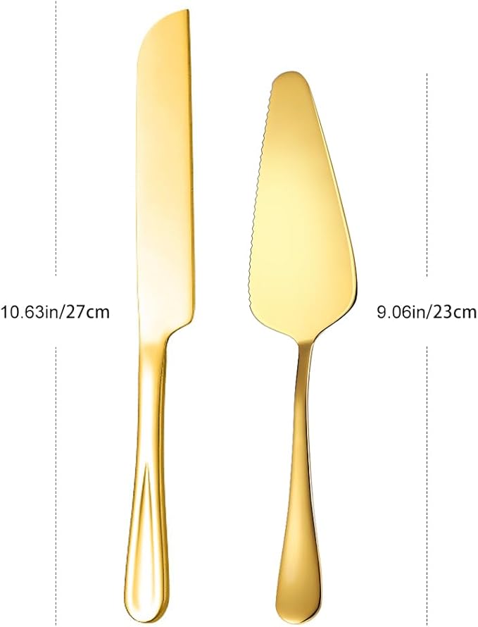 Wedding Cake Knife and Server Set Gold,2Pcs Cake Cutting Set For Wedding 10.63" Cake Cutter And 9.06" Cake Server Perfect For Wedding, Christmas, Birthday and Events,Dishwasher Safe