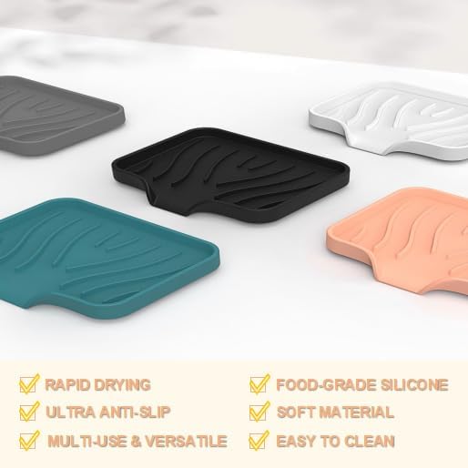 Silicone Soap Dish with Drainer | Quick-Dry Holder for Sponge, Dispenser, Scrubber, Bottle and Cup | for Kitchen, Shower and Bathroom (Beige, Small, 2-Pack)