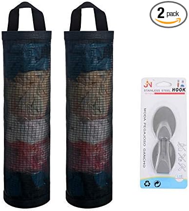 Mesh Garbage Bag Sulimy Plastic Bag Holder Dispensers 2pcs Folding Hanging Storage Trash bags Holders Organizer Recycling Grocery Pocket Containers with 2 Hooks for Home and Kitchen Black