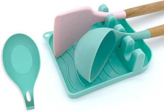 2 Pack Multiple Utensil Spoon Rest with Drip Pad Non-Slip Heat Resistant Kitchen and Grill Spoon Holder for Spatula, Ladle, Tongs, Kitchen Gadgets, and Cooking Accessories (Lake Green)