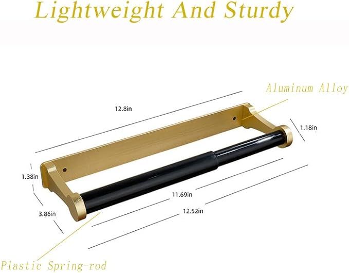 Adhesive Or Drilling 12IN Gold Kitchen Paper Towel Holder Under Cabinet Aluminum Alloy Plastic Spring-Rod Wall Mount Under Counter Insider Door Holds All Paper Towel Rolls