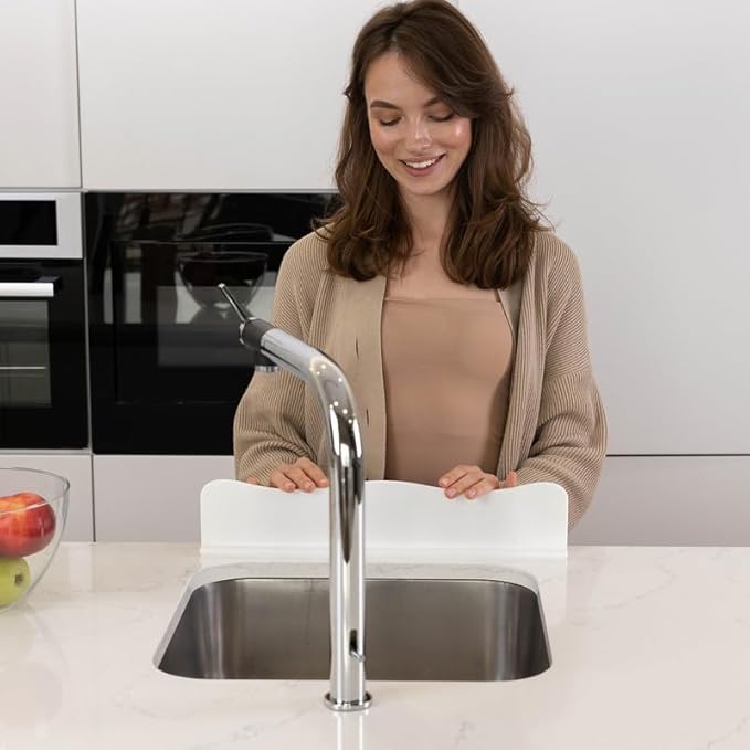 Silicone Sink Splash Guard - Water Splash Guard for Kitchen, Island and Bathroom - Secure Non-Slip Suction Cup Base - Dishwasher Safe, White (17.4 x 1.7 x 3.6")