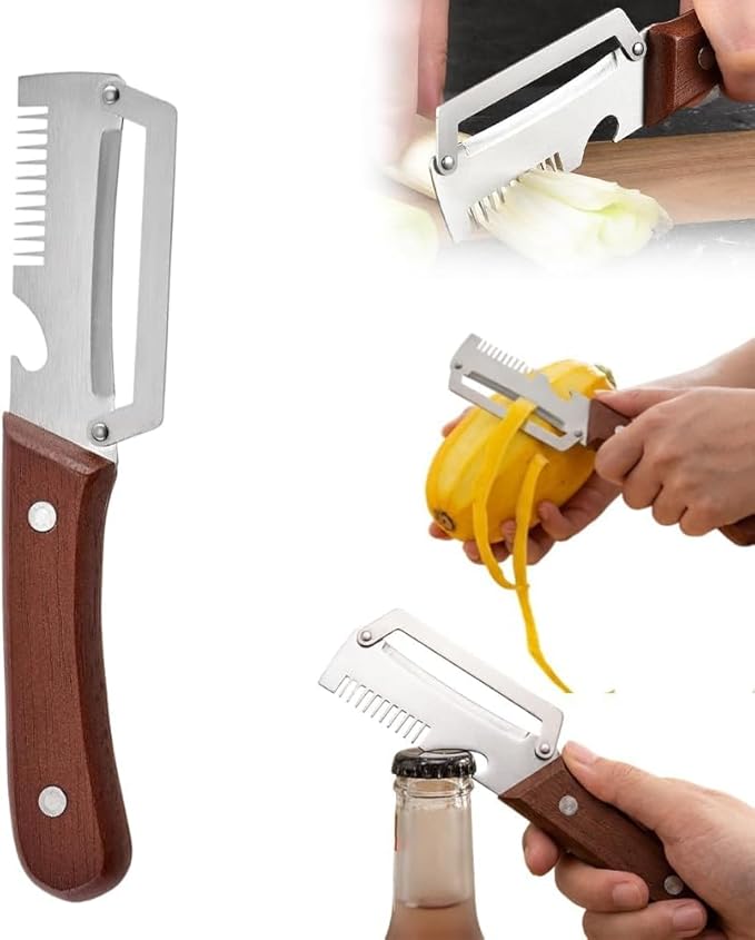 Multifunctional Vegetable Peeler with Wooden Handle and Bottle Opener, Stainless Steel Peelers for Kitchen, Multi Functional Vegetable Peeler for Fruit Potato Carrot Pumpkin Zucchini（1-PACK）