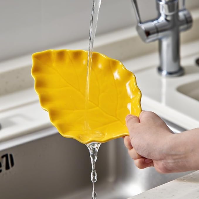 Ceramic Leaf Shape Spoon Rest for cooking, Cute Cooking Spoon Holder for Stove Top,Large Porcelain Spatula Rest for Kitchen Counter, Farmhouse Christmas Kitchen Decor (yellow)