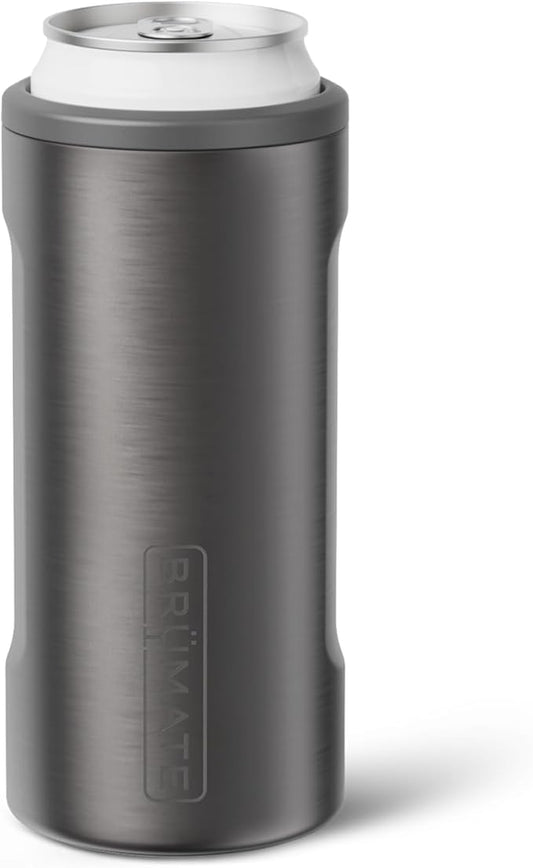 BrüMate Hopsulator Slim Can Cooler Insulated for 12oz Slim Cans | Skinny Can Insulated Stainless Steel Drink Holder for Hard Seltzer, Beer, Soda, and Energy Drinks (Black Stainless)
