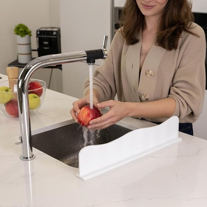 Silicone Sink Splash Guard - Water Splash Guard for Kitchen, Island and Bathroom - Secure Non-Slip Suction Cup Base - Dishwasher Safe, White (17.4 x 1.7 x 3.6")