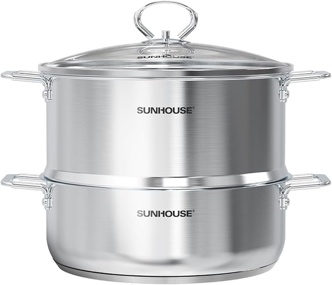 SUNHOUSE 2-Tier Stainless Steel Steamer Pot for Cooking - Large 5.5 QT Steamer Basket & 3.8 QT Stockpot - Tri-Ply Base Vegetable Steamer with Stay-Cool Silicone Handles and Lid - Induction Compatible