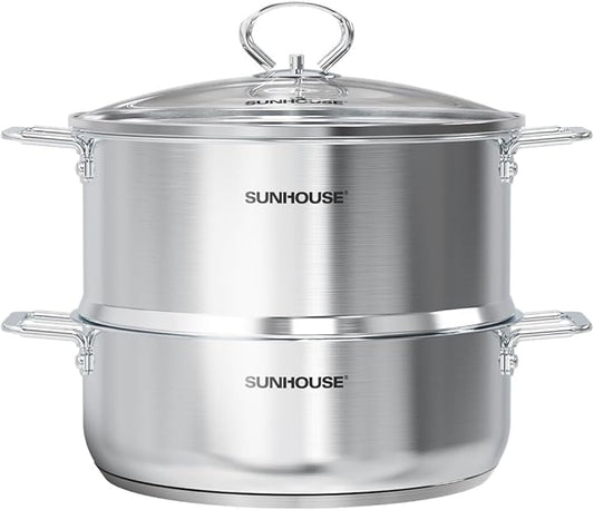 SUNHOUSE 2-Tier Stainless Steel Steamer Pot for Cooking - Large 5.5 QT Steamer Basket & 3.8 QT Stockpot - Tri-Ply Base Vegetable Steamer with Stay-Cool Silicone Handles and Lid - Induction Compatible