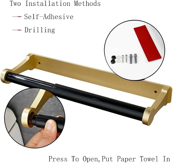 Adhesive Or Drilling 12IN Gold Kitchen Paper Towel Holder Under Cabinet Aluminum Alloy Plastic Spring-Rod Wall Mount Under Counter Insider Door Holds All Paper Towel Rolls