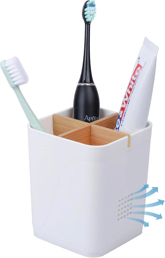 Toothbrush Holders Drainage for Bathrooms, 4 Slots Tooth Brushing Holder with Bamboo Dividers Plastic Electric Toothbrush and Toothpaste Caddy Organizer for Sink, Counter, Shower, Vanity, White