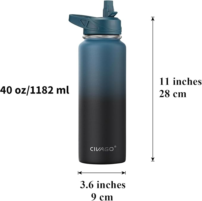 CIVAGO 40 oz Insulated Water Bottle With Straw, Stainless Steel Sports Water Cup Flask with 3 Lids (Straw, Spout and Handle Lid), Double Walled Travel Thermal Canteen Mug, Midnight Black