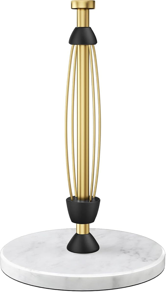 Paper Towel Holder Countertop, Marble Weighted Base, Warm Gold, One-Handed Tear, Freestanding Paper Towel Stand Rack with Ratchet Mechanism for Kitchen Bathroom Essential Decor Accessories