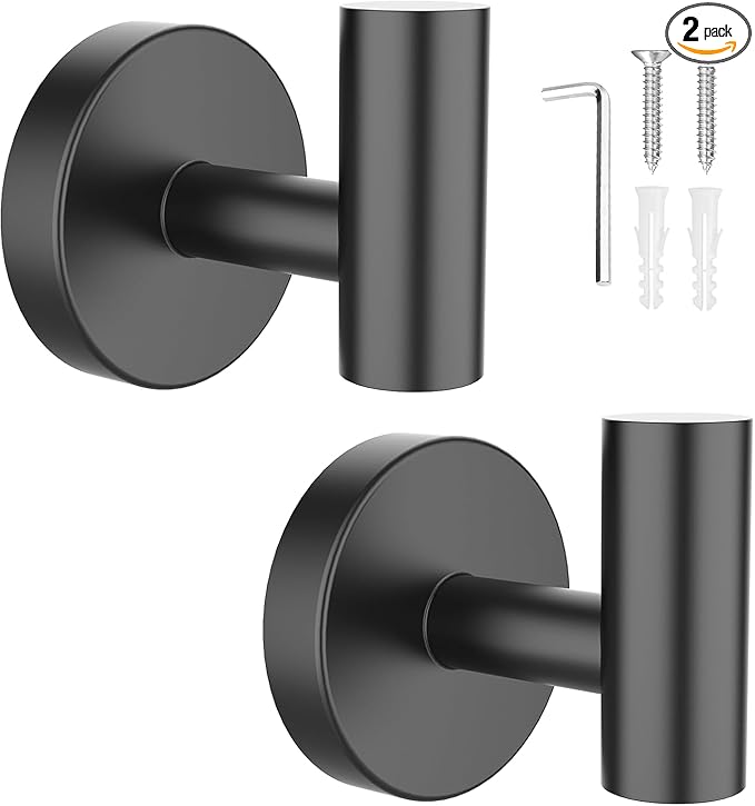 SetSail Towel Hooks for Bathrooms 2 Packs Screw-in Matte Black Bathroom Towel Hook Wall Mounted Stainless Steel Shower Towel Hooks for Coat Hanging, Drilling Hole