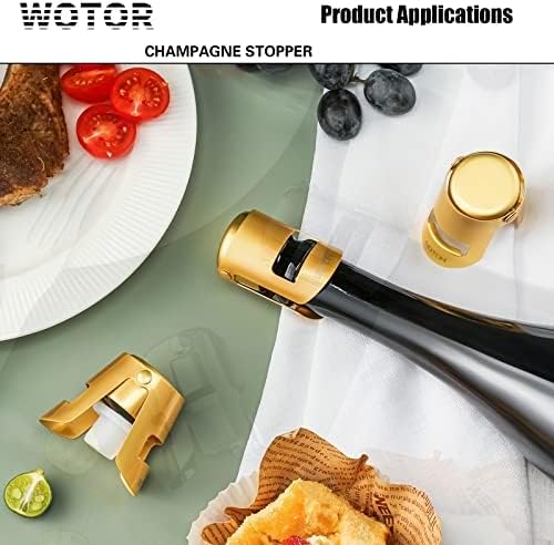 WOTOR Champagne Stoppers Stainless Steel, Prosecco Bottle Stopper with Food Grade Silicone, Reusable Champagne Cork & Saver, Leak proof Keep Fresh (Gold, 2 Pack)