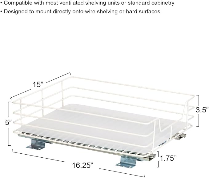 Household Essentials Glidez Paint-Finished Steel Pull-Out/Slide-Out Storage Organizer with Plastic Liner - Under Cabinet or Wire Shelf Use - 1-Tier Design - Fits Standard Size Cabinet or Shelf, White