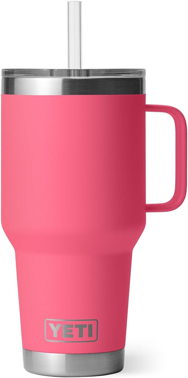 YETI Rambler 35 oz Tumbler with Handle and Straw Lid, Travel Mug Water Tumbler, Vacuum Insulated Cup with Handle, Stainless Steel, Tropical Pink