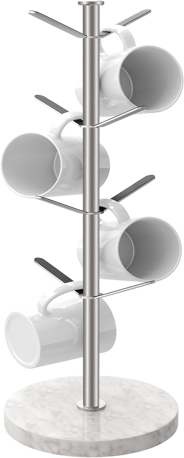 Gypie Marble Mug Holder Tree, 8 Hooks Brushed Nickel Coffee Cups Stand, New Upgraded Stable Mug Stand for Kitchen Counter Cabinet Cafe