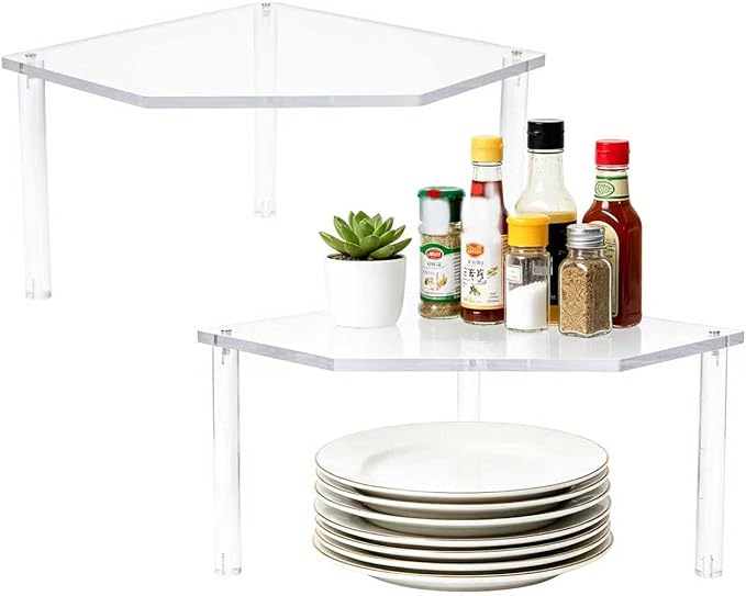 AKAZA 2Pcs 2-Tier Corner Stackable Organizer Shelf for Kitchen - Cabinet Storage Shelf Rack, Shelves，Kitchen Counter and Cabinet Shelf, Storage Rack Organizer (Clear)