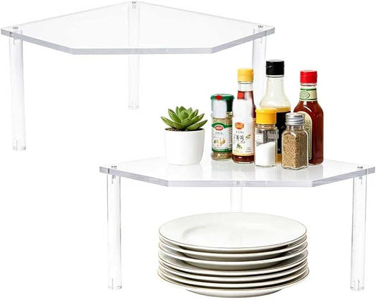 AKAZA 2Pcs 2-Tier Corner Stackable Organizer Shelf for Kitchen - Cabinet Storage Shelf Rack, Shelves，Kitchen Counter and Cabinet Shelf, Storage Rack Organizer (Clear)
