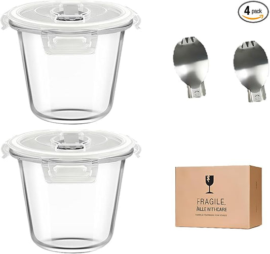 H.JSS WDJS 3 Cup Round Glass Meal Prep Containers with Lids,24oz Glass Food Storage Containers with Spoons, Heat-Resistant BPA-Free for Soup, Leftover, Oven, Dishwasher, Fridge, Freezer Safe (2 Pack)