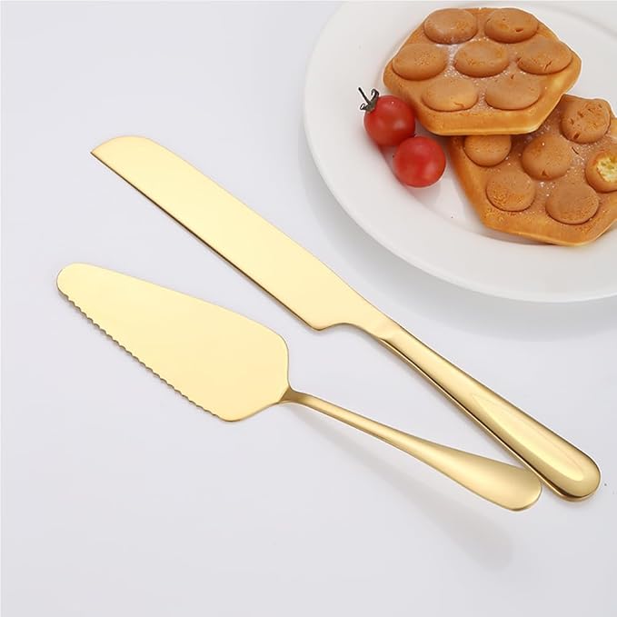 Wedding Cake Knife and Server Set Gold,2Pcs Cake Cutting Set For Wedding 10.63" Cake Cutter And 9.06" Cake Server Perfect For Wedding, Christmas, Birthday and Events,Dishwasher Safe